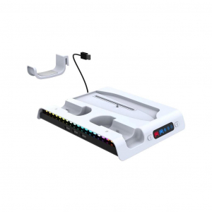 iPega P5S006 multifunkcion&aacute;lis t&ouml;ltő &aacute;llv&aacute;ny RGB hűt&eacute;ssel PS5 Slim k&eacute;sz&uuml;l&eacute;khez feh&eacute;r