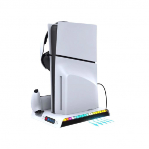 iPega P5S006 multifunkcion&aacute;lis t&ouml;ltő &aacute;llv&aacute;ny RGB hűt&eacute;ssel PS5 Slim k&eacute;sz&uuml;l&eacute;khez feh&eacute;r