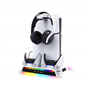 iPega P5S006 multifunkcion&aacute;lis t&ouml;ltő &aacute;llv&aacute;ny RGB hűt&eacute;ssel PS5 Slim k&eacute;sz&uuml;l&eacute;khez feh&eacute;r