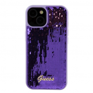 Guess Sequin Script Logo tok iPhone 15 Plus k&eacute;sz&uuml;l&eacute;khez lila
