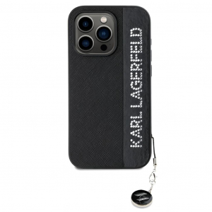 Karl Lagerfeld PU Saffiano Rhinestone Charm tok iPhone 15 Pro k&eacute;sz&uuml;l&eacute;khez fekete