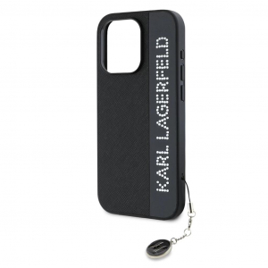 Karl Lagerfeld PU Saffiano Rhinestone Charm tok iPhone 15 Pro k&eacute;sz&uuml;l&eacute;khez fekete