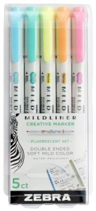 Zebra Sz&ouml;vegkiemelő k&eacute;szlet, 1,4/4,0 mm, k&eacute;tv&eacute;gű,  "Mildliner Fluorescent", 5 sz&iacute;n (TZ78105)