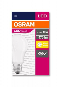 Osram LED izzó, E27, gömb, A60, 5W, 470lm, 2700K (MF),  "Value" (OLEDE2702)