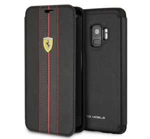 CG MOBILE FERRARI Scuderia tok álló, bőr hatású (FLIP, oldalra nyíló, kártyazseb) FEKETE Samsung Galaxy S9 (SM-G960) (FESURFLBKTS9BKR)