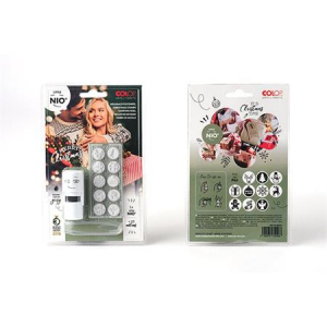 B&eacute;lyegző, kirak&oacute;s, 10 mot&iacute;vummal, "Nio Kar&aacute;csony", feh&eacute;r h&aacute;z, fekete p&aacute;rn&aacute;val (IC1510001)