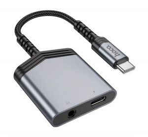 Hoco audi&oacute; adapter &eacute;s t&ouml;ltők&aacute;bel (eloszt&oacute;, Type-C+3.5mm jack aljzat - Type-C, 27W, 15cm) VIL&Aacute;GOSSZ&Uuml;RKE (LS39)