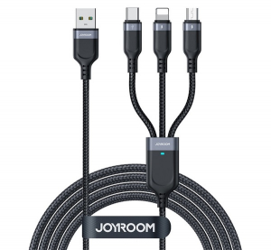 JOYROOM t&ouml;ltők&aacute;bel 3in1 (USB - lightning/microUSB/Type-C, 2.4A, 30cm, cipőfűző, LED jelz&eacute;s) FEKETE (S-1T3018A18 30)