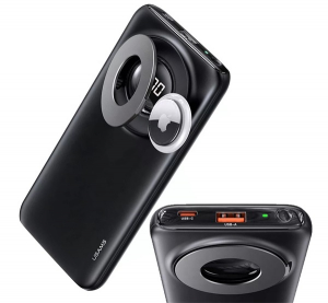 Usams PB62 v&eacute;szt&ouml;ltő USB+Type-C aljzat (10000mAh, 20W, PD gyorst&ouml;ltő 3.0, wireless, kit&aacute;maszt&oacute;, APPLE AirTag tart&oacute;) K&Eacute;K (10KCD17104)