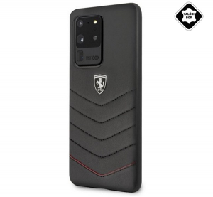CG MOBILE FERRARI Scuderia műanyag telefonv&eacute;dő (val&oacute;di bőr h&aacute;tlap) FEKETE Samsung Galaxy S20 Ultra 5G (SM-G988B) / Galaxy S20 Ultra (SM-G988F) (FEHQUH