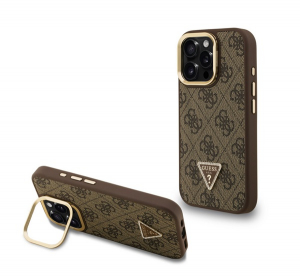 CG MOBILE GUESS PU 4G STRASS TRIANGLE LOGO STAND műanyag telefonv&eacute;dő (&uuml;t&eacute;s&aacute;ll&oacute;s&aacute;g, bőr hat&aacute;s&uacute; h&aacute;tlap, kit&aacute;maszt&oacute;) BARNA Apple iPhone 16 Pro Max (GUHMP