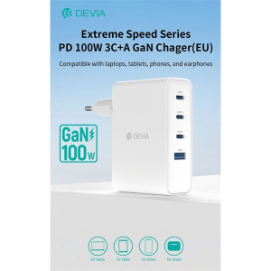 Devia Extreme Speed Series 100W GaN PD h&aacute;l&oacute;zati gyorst&ouml;ltő adapter USB+3xType-C - feh&eacute;r (ST121430)