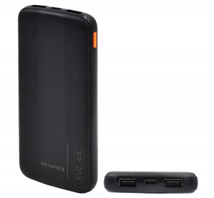 Awei v&eacute;szt&ouml;ltő 2 USB+Type-C aljzat (10000mAh, 2.4A, PD gyorst&ouml;ltő) FEKETE (P20K)