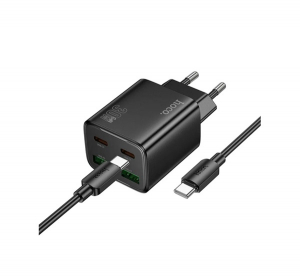 Hoco N56 h&aacute;l&oacute;zati t&ouml;ltő 2 USB+2 Type-C aljzat (30W, GaN, PD gyorst&ouml;ltő 3.0 + Type-C k&aacute;bel) FEKETE (N56_TYPE-C_B)