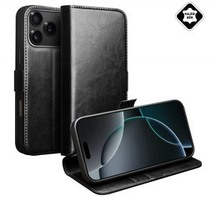 QIALINO tok &aacute;ll&oacute;, val&oacute;di bőr (FLIP, oldalra ny&iacute;l&oacute;, asztali tart&oacute;) FEKETE Apple iPhone 17 Pro (GP-173393)