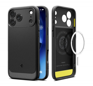 Spigen RUGGED ARMOR szilikon telefonv&eacute;dő (&uuml;t&eacute;s&aacute;ll&oacute;s&aacute;g, l&eacute;gp&aacute;rn&aacute;s sarok, karbon minta, MagSafe) FEKETE Apple iPhone 17 Pro (ACS09940)