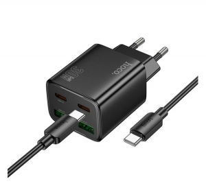 Hoco N52 h&aacute;l&oacute;zati t&ouml;ltő 2 USB+2 Type-C aljzat (20W, PD gyorst&ouml;ltő 3.0 + lightning k&aacute;bel) FEKETE (N52 BLACK)