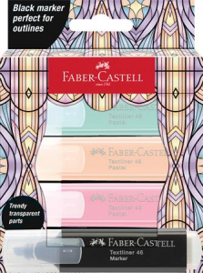 Faber-Castell Sz&ouml;vegkiemelő k&eacute;szlet,  "Glassy", 3 k&uuml;l&ouml;nb&ouml;ző pasztell sz&iacute;n + fekete (TFC254694)