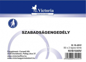 Victoria Nyomtatv&aacute;ny, szabads&aacute;genged&eacute;ly, 50x2, A6,  "B.18-49", 10 t&ouml;mb/csomag (NVB1849V)