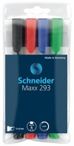 SCHNEIDER "Maxx 293" T&aacute;bla- &eacute;s flipchart marker, 1-4 mm, v&aacute;gott, 4 k&uuml;l&ouml;nb&ouml;ző sz&iacute;n (TSC293V4)