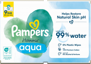 Pampers Harmonie Aqua Plastic Free 432 db (9× 48 db) popsitörlő - alkoholmentes és 99% víztartalommal