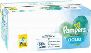 Pampers Harmonie Aqua Plastic Free 432 db (9× 48 db) popsitörlő - alkoholmentes és 99% víztartalommal