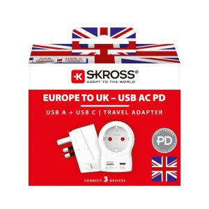 SKROSS Europe - UK Utaz&oacute;adapter USB-C + USB-A (20W PD, gyorst&ouml;lt&eacute;s, Feh&eacute;r) (1.500283-E)