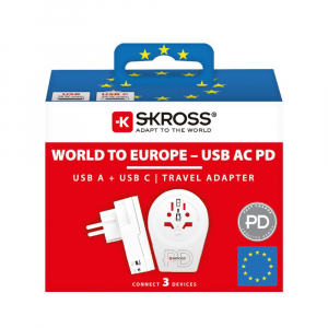 SKROSS World - Europe Vil&aacute;g utaz&oacute;adapter USB-C + USB-A (20W PD, gyorst&ouml;lt&eacute;s, Feh&eacute;r) (1.500295-E)