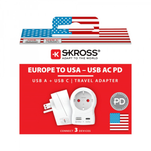 SKROSS Europe - USA Utaz&oacute;adapter USB-C + USB-A (20W PD, gyorst&ouml;lt&eacute;s, Feh&eacute;r) (1.500284-E)