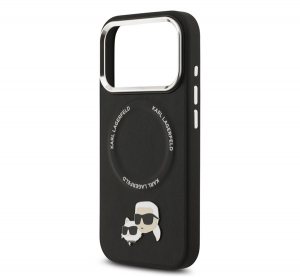 Karl Lagerfeld PU KARL AND CHOUPETTE HEADS PINS szilikon telefonv&eacute;dő (&uuml;t&eacute;s&aacute;ll&oacute;s&aacute;g, bőr hat&aacute;s&uacute; h&aacute;tlap, MagSafe) FEKETE Apple iPhone 17 Pro (KLHMP17LPSM
