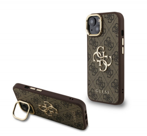 Guess 4G METAL LOGO STAND műanyag telefonv&eacute;dő (&uuml;t&eacute;s&aacute;ll&oacute;s&aacute;g, bőr hat&aacute;s&uacute; h&aacute;tlap, kit&aacute;maszt&oacute;) S&Ouml;T&Eacute;TBARNA Apple iPhone 14 (GUHCP14SPCS4GP4W)