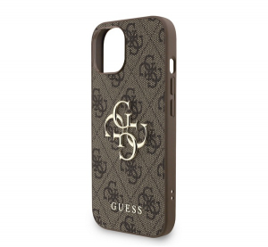 Guess 4G METAL LOGO STRAP műanyag telefonv&eacute;dő (&uuml;t&eacute;s&aacute;ll&oacute;s&aacute;g, bőr hat&aacute;s&uacute; h&aacute;tlap, MagSafe + k&eacute;zp&aacute;nt) S&Ouml;T&Eacute;TBARNA Apple iPhone 15 (GUHCP15SP4GMGSW)