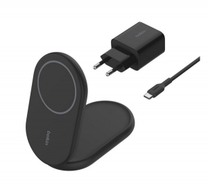 Belkin BOOSTCHARGE asztali t&ouml;ltő (15W, gyorst&ouml;ltő, wireless, Magsafe, &ouml;sszehajthat&oacute;, Qi2 + t&aacute;pegys&eacute;g) FEKETE Apple iPhone 17 / iPhone 17 Pro / iPhone