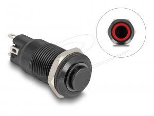 Delock Nyom&oacute; gomb beszerel&eacute;shez fekete 12 mm 12 V 4 x forraszt&aacute;si csatlakoz&aacute;s LED piros gyűrű (22014)