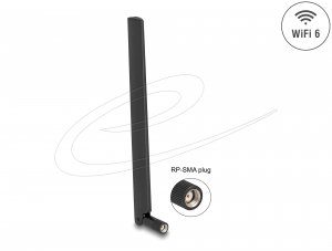 Delock WiFi 6 antenna RP-SMA-dug&oacute; 3 - 6 dBi mindenir&aacute;ny&uacute;, d&ouml;nthető csatlakoz&aacute;ssal (fekete sz&iacute;nű) (90677)