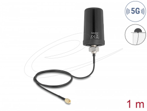 Delock 5G LTE GNSS WiFi 6 antenna SMA-dug&oacute; 1,1 - 4,0 dBi ir&aacute;ny&iacute;tatlan, csatlakoz&oacute;k&aacute;bellel ULA100 1 m, tetőre szerelhető, k&uuml;lt&eacute;ri, fekete (81473)
