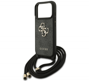 Guess 4G BIG LOGO CORD STAP CROSSBODY műanyag telefonv&eacute;dő (&uuml;t&eacute;s&aacute;ll&oacute;s&aacute;g, bőr hat&aacute;s&uacute; h&aacute;tlap + v&aacute;llp&aacute;nt) FEKETE Apple iPhone 17 Pro (GUHCP17LP4GMGCRK)