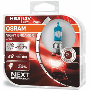 Osram Night Breaker Laser HB3 halog&eacute;n f&eacute;nysz&oacute;r&oacute; izz&oacute;, k&ouml;z&uacute;ton leg&aacute;lisan haszn&aacute;lhat&oacute;, ak&aacute;r 150%-kal nagyobb f&eacute;nyerő, 3200 K sz&iacute;nhőm&eacute;rs&eacute;klet, , 2db/csom
