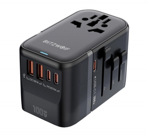 BlitzWolf utaz&oacute; t&ouml;ltő 2 USB+3 Type-C aljzat (100W, GaN, PD gyorst&ouml;lt&eacute;s, EU, UK, US, AU) FEKETE (BW-TA2)