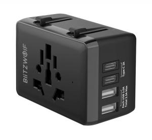 BlitzWolf utaz&oacute; t&ouml;ltő 2 USB+2 Type-C aljzat (20W, GaN, PD gyorst&ouml;lt&eacute;s, EU, UK, US, AU) FEKETE (BW-TA1)