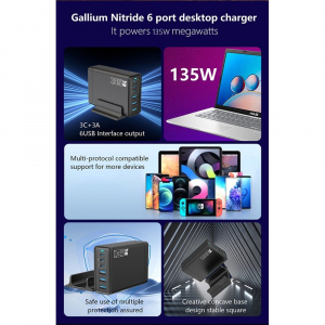 BlackBird GAN 135W 3xUSB-C 20W + 3xUSB 5V h&aacute;l&oacute;zati t&ouml;ltő fekete (BH1669)