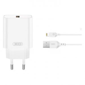 XO CE33 USB-A h&aacute;l&oacute;zati t&ouml;ltő 18W + Lightning k&aacute;bel feh&eacute;r (XO-CE33+LIGHTNING)