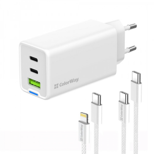 ColorWay GaN Mini USB-A, 2xUSB-C 65W t&ouml;ltő adapter + Type-C &eacute;s Lightning k&aacute;bel feh&eacute;r (CW-CHS058PDCL-WT)