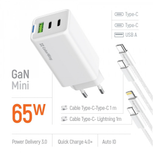 ColorWay GaN Mini USB-A, 2xUSB-C 65W t&ouml;ltő adapter + Type-C &eacute;s Lightning k&aacute;bel feh&eacute;r (CW-CHS058PDCL-WT)