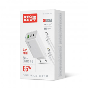 ColorWay GaN Mini USB-A, 2xUSB-C 65W t&ouml;ltő adapter + Type-C &eacute;s Lightning k&aacute;bel feh&eacute;r (CW-CHS058PDCL-WT)