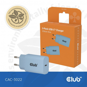 Club 3D USB Type-C h&aacute;l&oacute;zati t&ouml;ltő 30W k&eacute;k, 2db/csomag (CAC-3022)