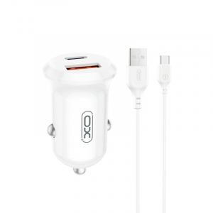 XO CC69 USB-A + Type-C aut&oacute;s t&ouml;ltő 30W + USB-A - Type-C k&aacute;bel feh&eacute;r (XO-CC69_W)