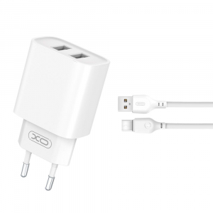 XO CE02C 2xUSB-A h&aacute;l&oacute;zati t&ouml;ltő 10.5W + USB-A - USB-C k&aacute;bel feh&eacute;r