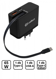 Cellect USB-A, USB-C h&aacute;l&oacute;zati t&ouml;ltő 65W, be&eacute;p&iacute;tett USB-C k&aacute;bellel fekete (MTCB-PD65WC-BK)
