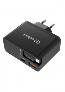 Cellect USB-A, USB-C h&aacute;l&oacute;zati t&ouml;ltő 65W, be&eacute;p&iacute;tett USB-C k&aacute;bellel fekete (MTCB-PD65WC-BK)